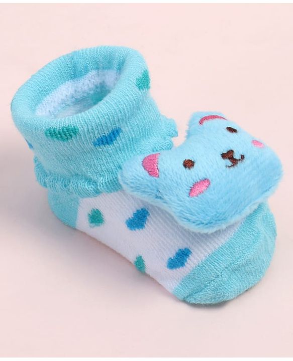 Cute Walk by Babyhug Fabric Ankle Length Socks Shoes with Polka Dots Design & Bear Applique- Light Blue