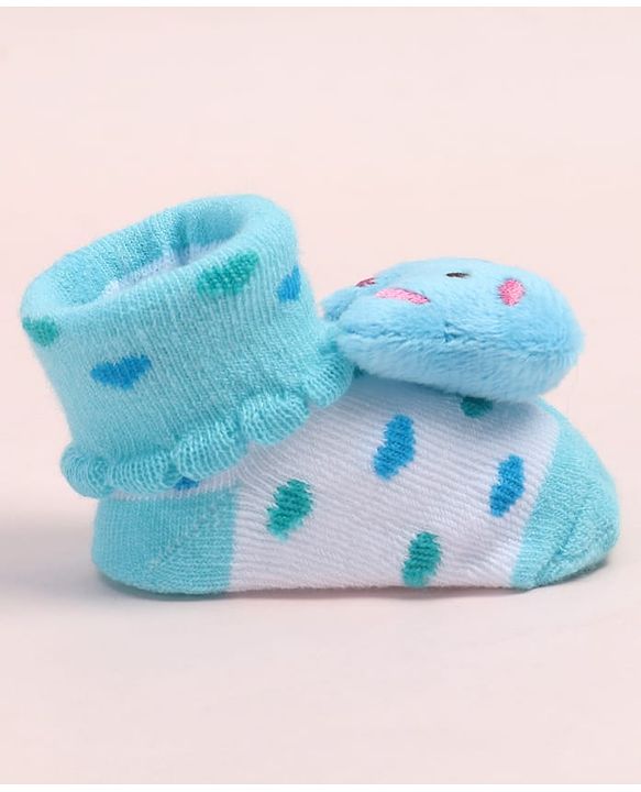 Cute Walk by Babyhug Fabric Ankle Length Socks Shoes with Polka Dots Design & Bear Applique- Light Blue