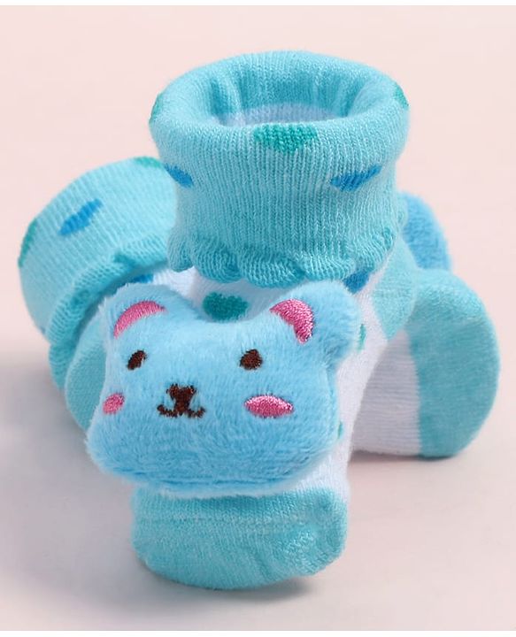 Cute Walk by Babyhug Fabric Ankle Length Socks Shoes with Polka Dots Design & Bear Applique- Light Blue