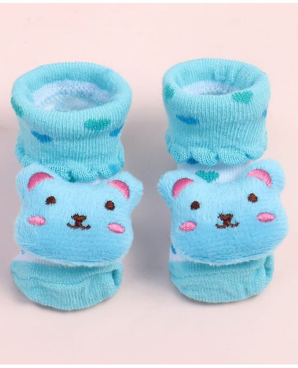 Cute Walk by Babyhug Fabric Ankle Length Socks Shoes with Polka Dots Design & Bear Applique- Light Blue