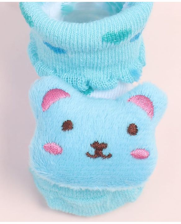 Cute Walk by Babyhug Fabric Ankle Length Socks Shoes with Polka Dots Design & Bear Applique- Light Blue