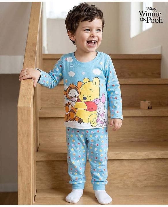 Babyhug Disney Single Jersey Knit Full Sleeves T-Shirt & Pyjama Night-Suit With Winnie The Pooh Print - Blue