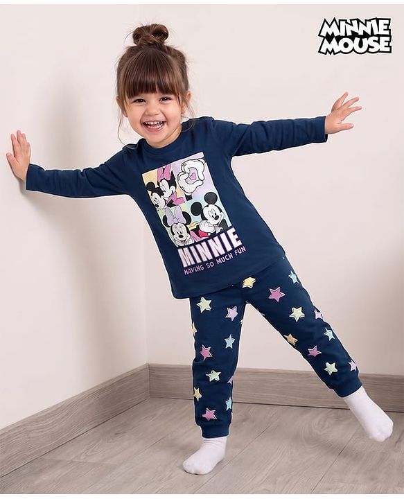 Babyhug Disney Single Jersey Knit Full Sleeves T-Shirt & Pyjama Night Suit With Minnie Mouse Graphics - Navy Blue