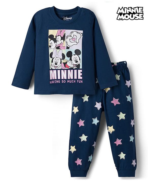 Babyhug Disney Single Jersey Knit Full Sleeves T-Shirt & Pyjama Night Suit With Minnie Mouse Graphics - Navy Blue