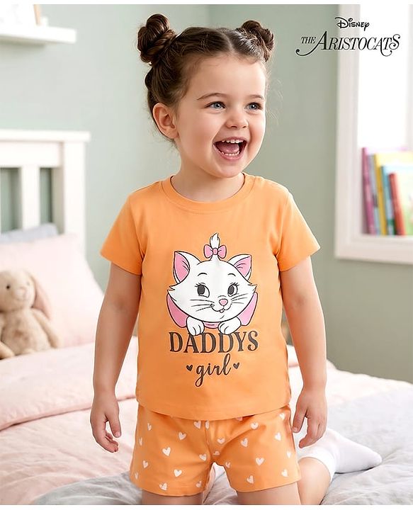 Babyhug Disney Half Sleeves T-Shirt & Shorts Night-Suit With Marie Graphics - Orange