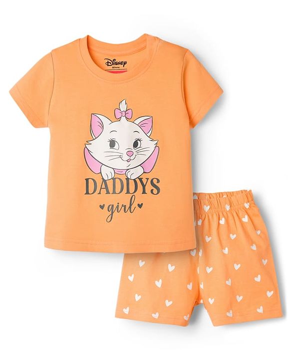 Babyhug Disney Half Sleeves T-Shirt & Shorts Night-Suit With Marie Graphics - Orange