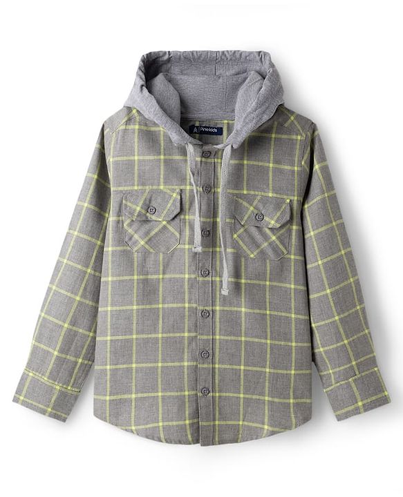 Pine Kids Cotton Woven Full Sleeves Hooded Checks Shirt - Black