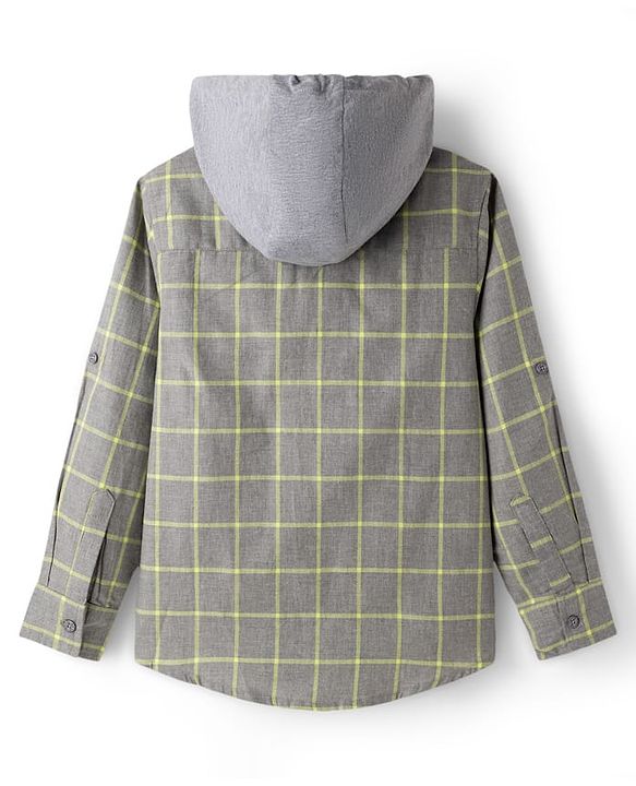Pine Kids Cotton Woven Full Sleeves Hooded Checks Shirt - Black