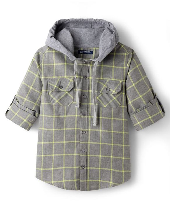 Pine Kids Cotton Woven Full Sleeves Hooded Checks Shirt - Black