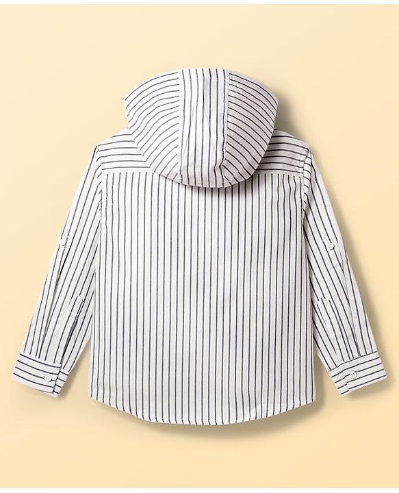 Pine Kids Cotton Woven Full Sleeves Striped Hooded Shirt - White