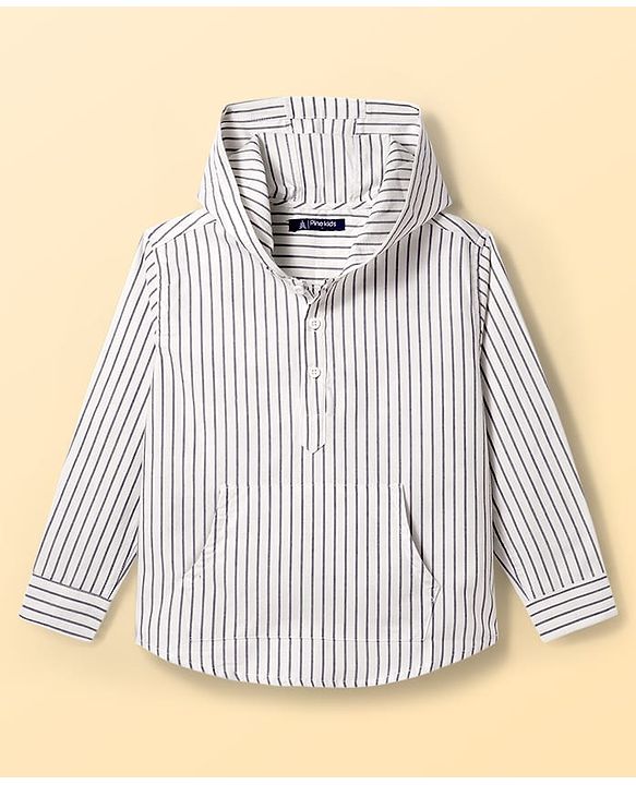Pine Kids Cotton Woven Full Sleeves Striped Hooded Shirt - White
