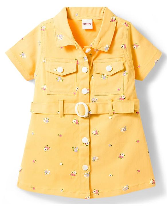 Babyhug Cotton Woven One Piece Dresses/Frocks with Short Sleeves, Collar Neck and All Over Floral Print Yellow 6-9 Months