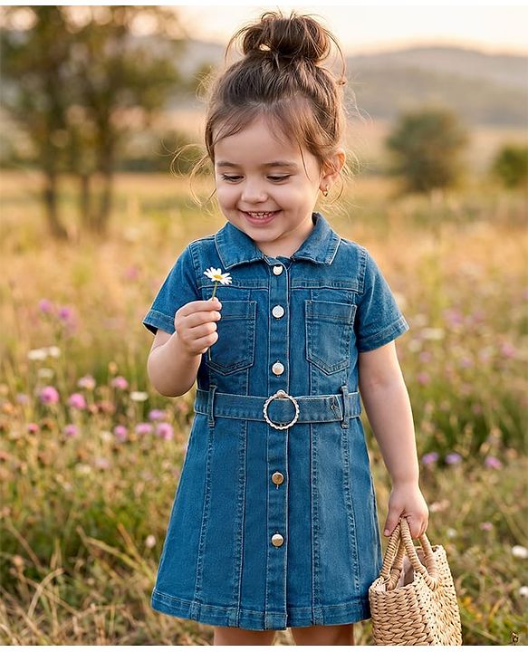 Babyhug Twill Woven One Piece Dress with Collar Neck and Short Sleeves Blue 6-9 Months