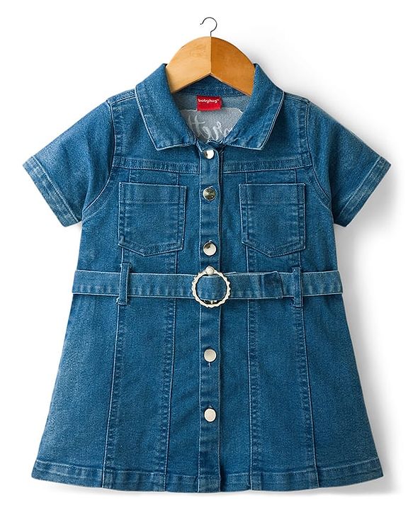 Babyhug Twill Woven One Piece Dress with Collar Neck and Short Sleeves Blue 6-9 Months