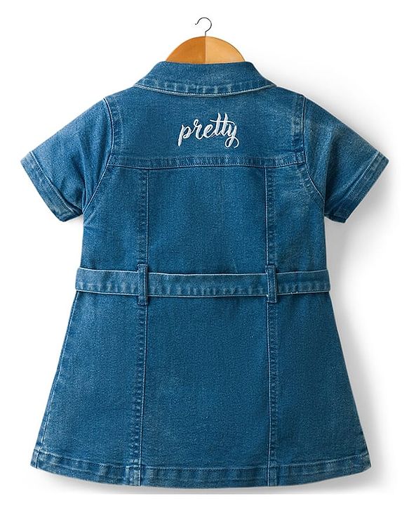 Babyhug Twill Woven One Piece Dress with Collar Neck and Short Sleeves Blue 6-9 Months