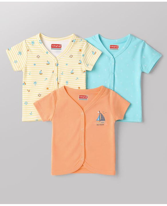 Babyhug 100% Cotton Knit Half Sleeves Nautical Theme Printed Jhablas Pack Of 3 - Multicolor