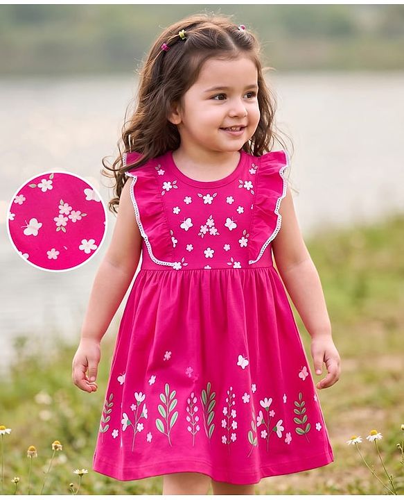 Babyhug Single Jersey Knit Frill Sleeves Frock with Floral Print - Pink