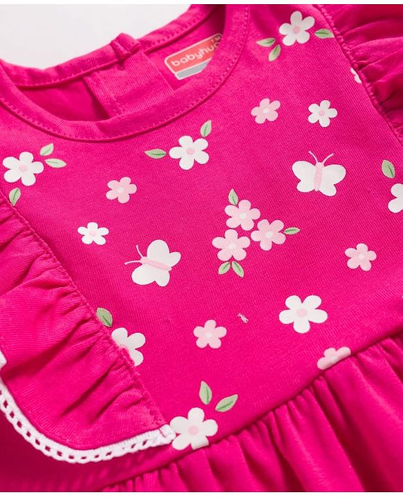 Babyhug Single Jersey Knit Frill Sleeves Frock with Floral Print - Pink
