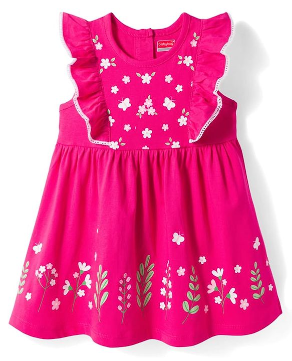 Babyhug Single Jersey Knit Frill Sleeves Frock with Floral Print - Pink