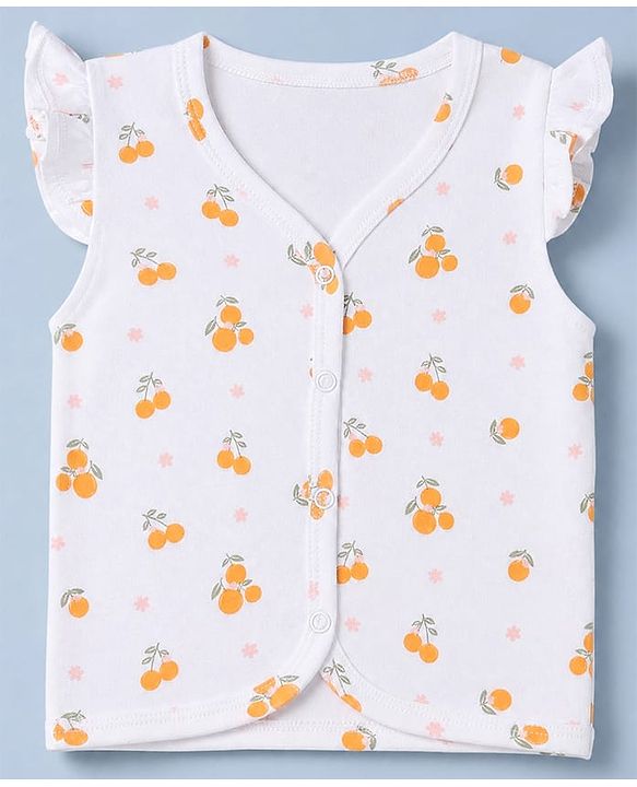Babyhug 100% Cotton Interlock Knit Half Sleeves Front Open Jhablas With Floral & Fruit Print Pack of 3 - White & Peach