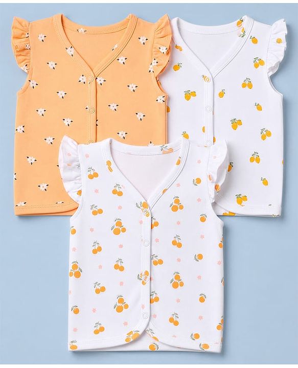 Babyhug 100% Cotton Interlock Knit Half Sleeves Front Open Jhablas With Floral & Fruit Print Pack of 3 - White & Peach