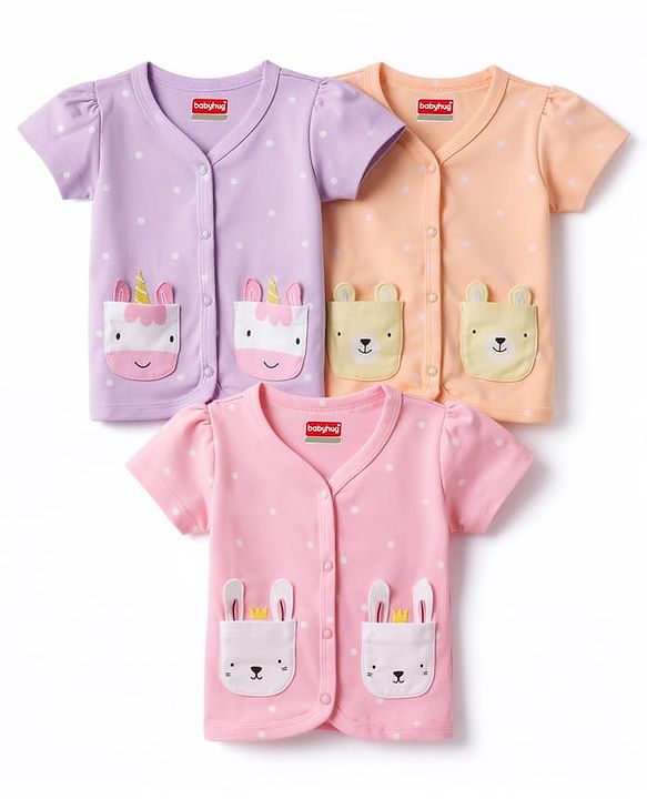 Babyhug 100% Cotton Interlock Knit Half Sleeves Jhablas With Polka Dots Print & Animal Applique Pockets Pack of 3 - Multicolor