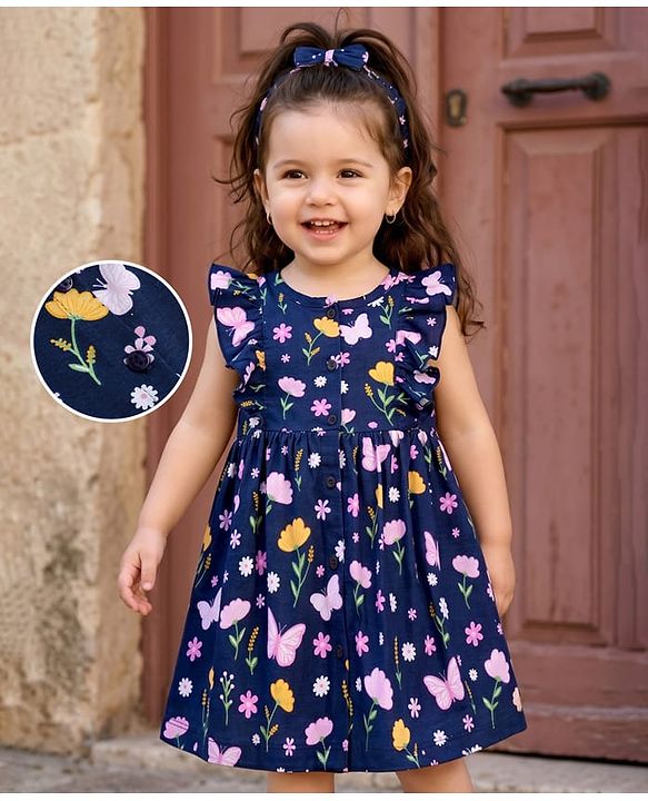 Babyhug 100% Cotton Single Jersey Knit Frill Sleeves One Piece Frock & Headband With Floral Print - Navy Blue