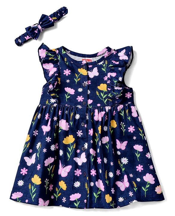 Babyhug 100% Cotton Single Jersey Knit Frill Sleeves One Piece Frock & Headband With Floral Print - Navy Blue