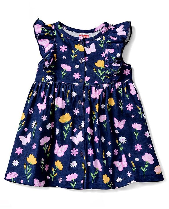 Babyhug 100% Cotton Single Jersey Knit Frill Sleeves One Piece Frock & Headband With Floral Print - Navy Blue
