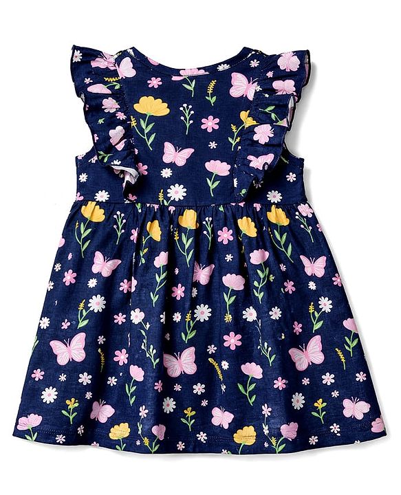 Babyhug 100% Cotton Single Jersey Knit Frill Sleeves One Piece Frock & Headband With Floral Print - Navy Blue