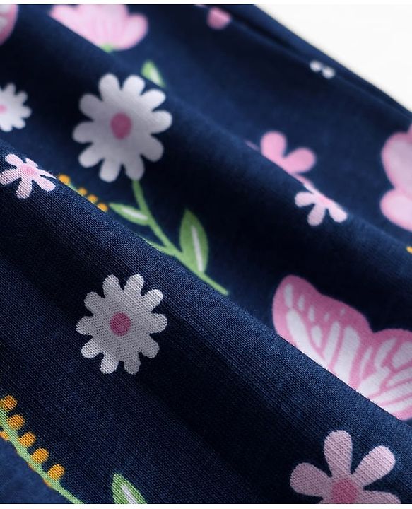 Babyhug 100% Cotton Single Jersey Knit Frill Sleeves One Piece Frock & Headband With Floral Print - Navy Blue