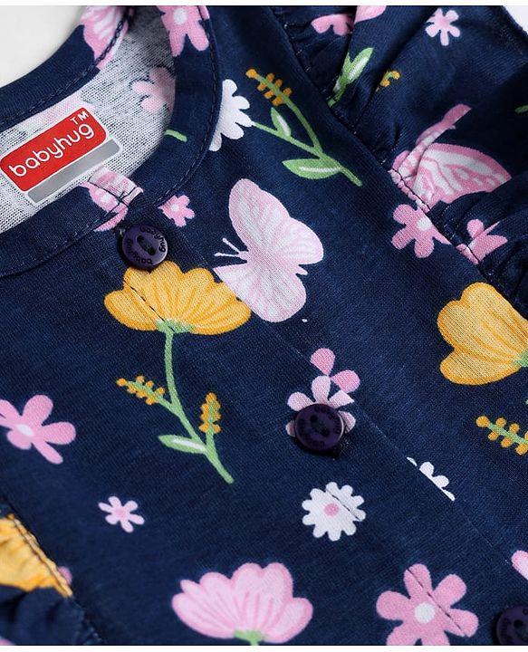 Babyhug 100% Cotton Single Jersey Knit Frill Sleeves One Piece Frock & Headband With Floral Print - Navy Blue