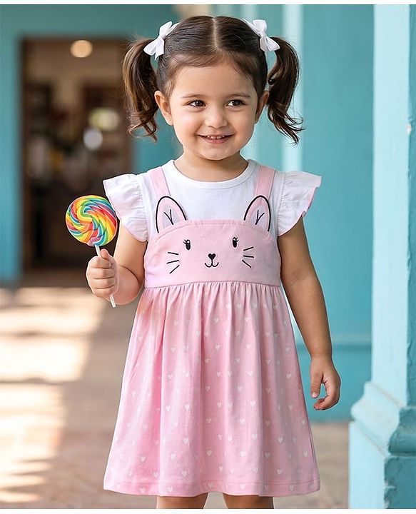 Babyhug Single Jersey Knit Frill Sleeves Heart Printed Frock with Kitty Embroidery - Pink