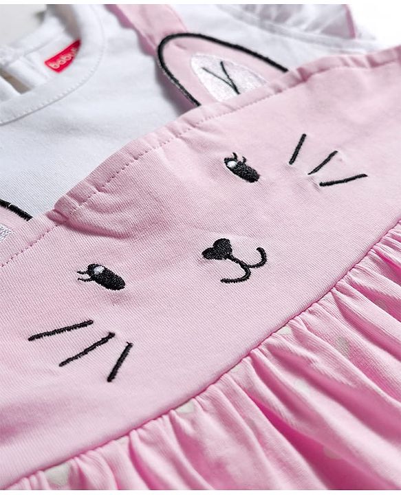 Babyhug Single Jersey Knit Frill Sleeves Heart Printed Frock with Kitty Embroidery - Pink