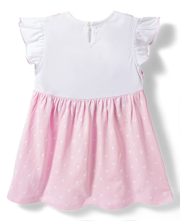Babyhug Single Jersey Knit Frill Sleeves Heart Printed Frock with Kitty Embroidery - Pink