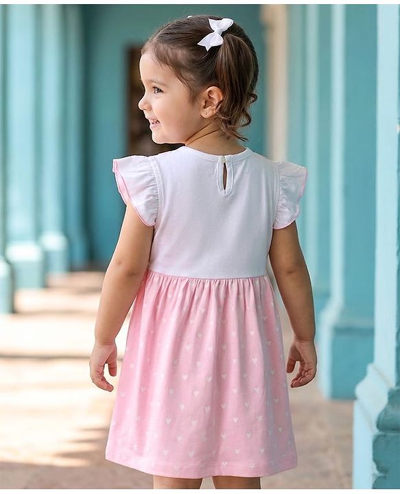 Babyhug Single Jersey Knit Frill Sleeves Heart Printed Frock with Kitty Embroidery - Pink