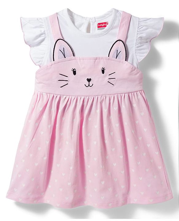 Babyhug Single Jersey Knit Frill Sleeves Heart Printed Frock with Kitty Embroidery - Pink