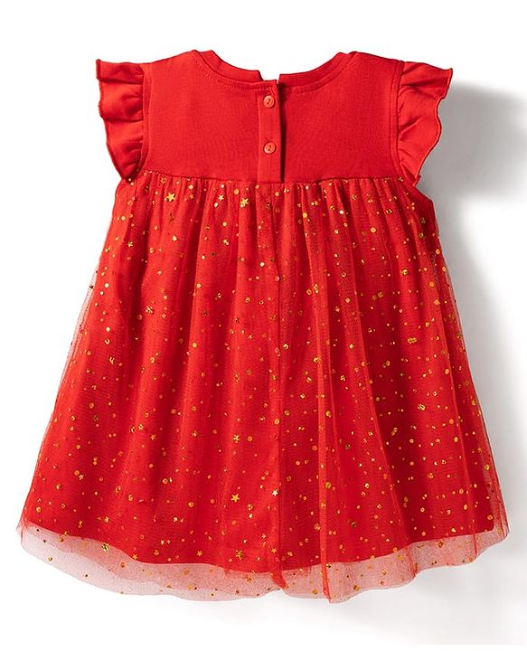 Babyhug Cotton Knit One Piece Dresses Round Neck Ruffle Sleeves Star Embellished Dark Pink 3-6 Months