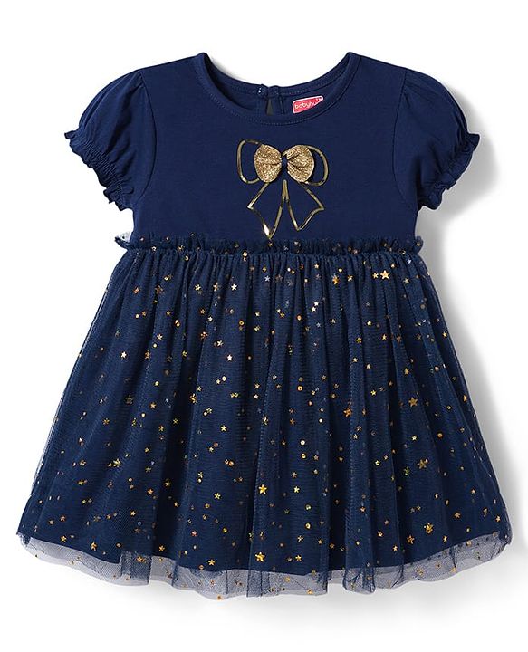 Babyhug Cotton Knit One Piece Dresses Round Neck Short Sleeves With Glitter Bow Navy Blue 6-9 Months