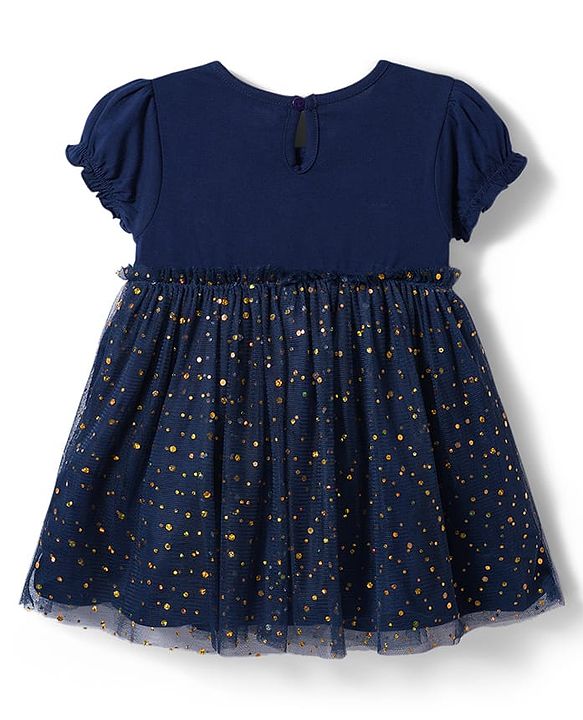 Babyhug Cotton Knit One Piece Dresses Round Neck Short Sleeves With Glitter Bow Navy Blue 6-9 Months