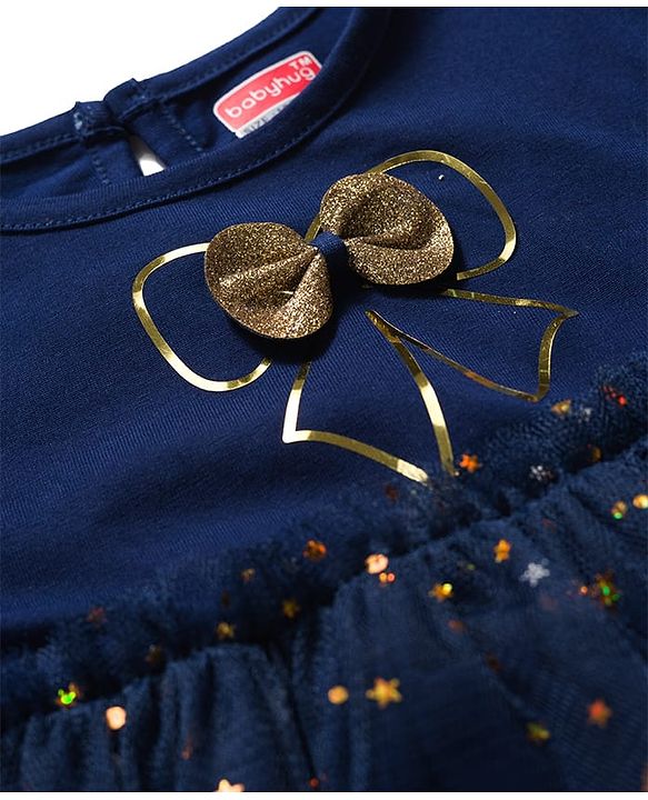 Babyhug Cotton Knit One Piece Dresses Round Neck Short Sleeves With Glitter Bow Navy Blue 6-9 Months