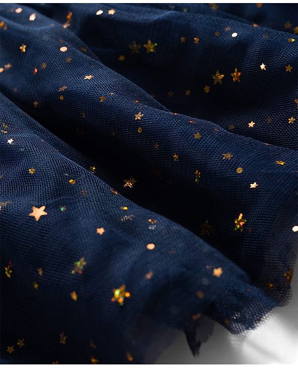 Babyhug Cotton Knit One Piece Dresses Round Neck Short Sleeves With Glitter Bow Navy Blue 6-9 Months