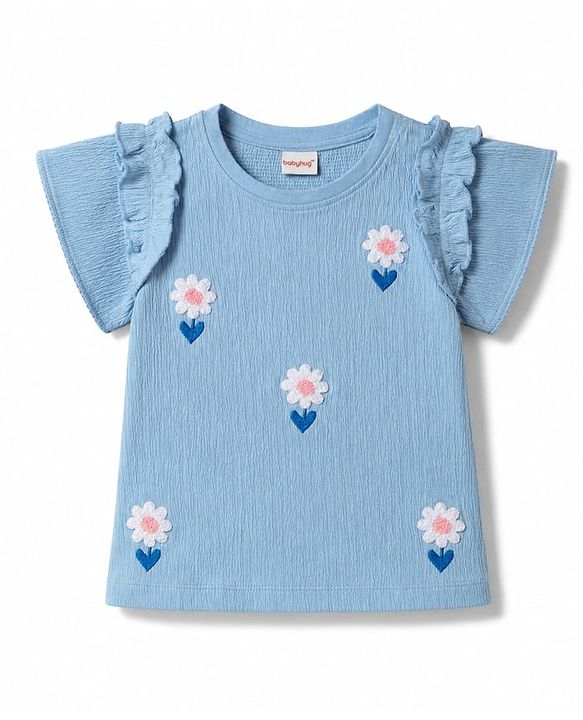 Babyhug 100% Cotton Knit Half Sleeves Floral Embroidered Top - Light Blue