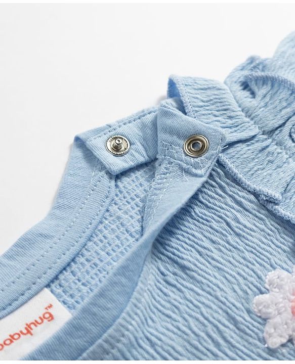 Babyhug 100% Cotton Knit Half Sleeves Floral Embroidered Top - Light Blue