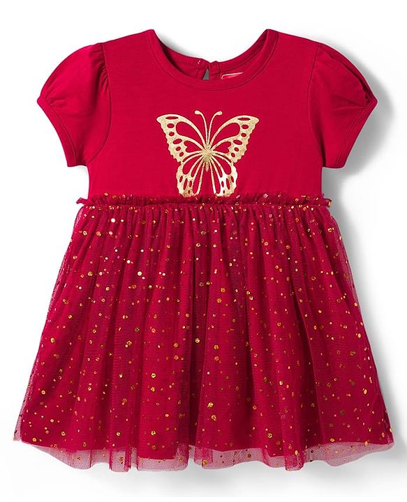 Babyhug Cotton Knit One Piece Dresses / Frocks with Butterfly Print Dark Pink 9-12 Months