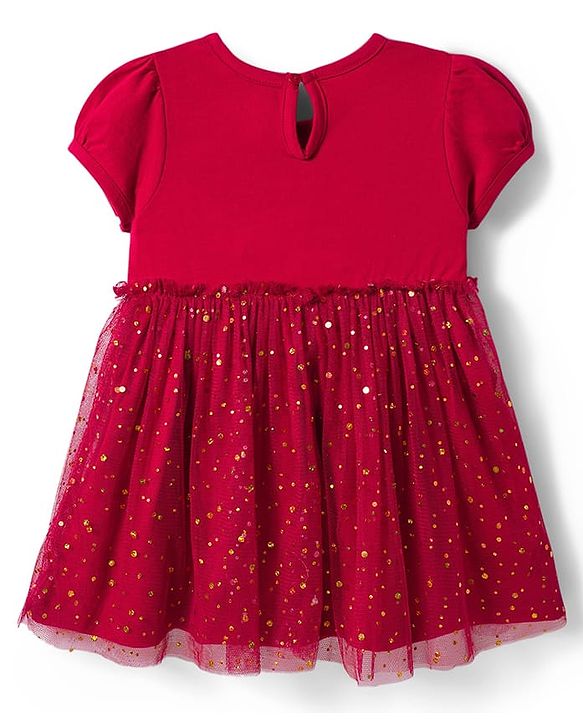 Babyhug Cotton Knit One Piece Dresses / Frocks with Butterfly Print Dark Pink 9-12 Months