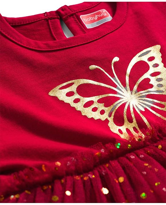 Babyhug Cotton Knit One Piece Dresses / Frocks with Butterfly Print Dark Pink 9-12 Months