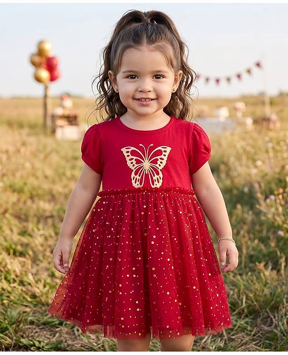 Babyhug Cotton Knit One Piece Dresses / Frocks with Butterfly Print Dark Pink 9-12 Months