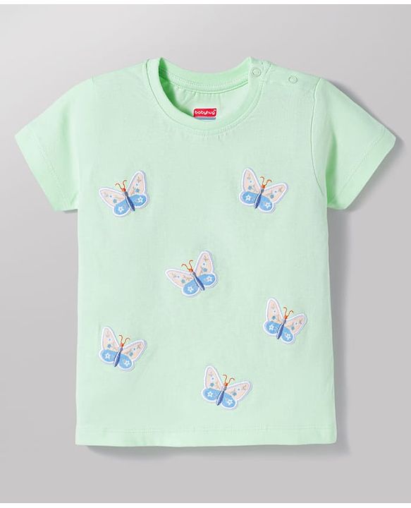 Babyhug Cotton Knit Half Sleeves Top With Butterfly Embroidery - Multicolor