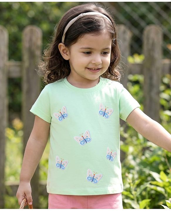 Babyhug Cotton Knit Half Sleeves Top With Butterfly Embroidery - Multicolor